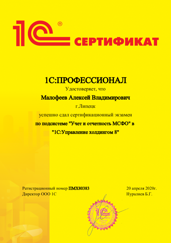1С:Профессионал. по подсистеме Учет и отчетность МСФО в 1С:Управление холдингом 8